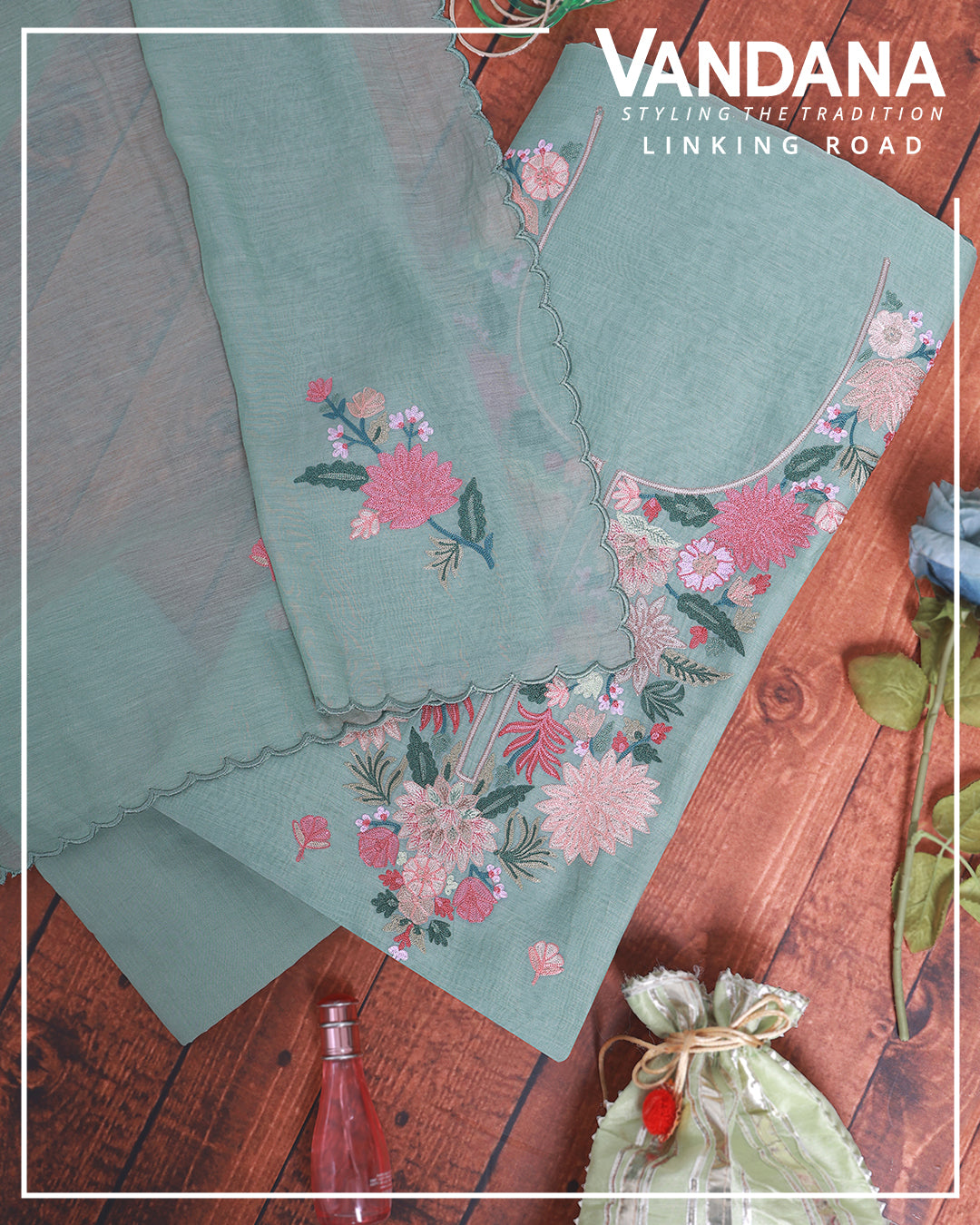 Sea Green Fine Chanderi Suit with Aari Embroidery & Butti Dupatta