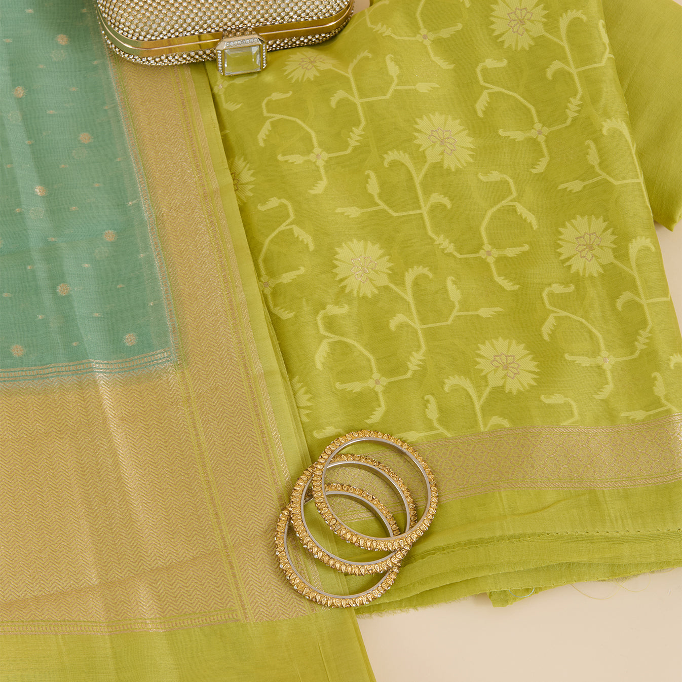 Lime Green Chanderi Woven Suit with Dusty Green Dupatta