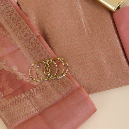 Dusty Peach Chanderi Woven Kurta Set with Organza Dupatta