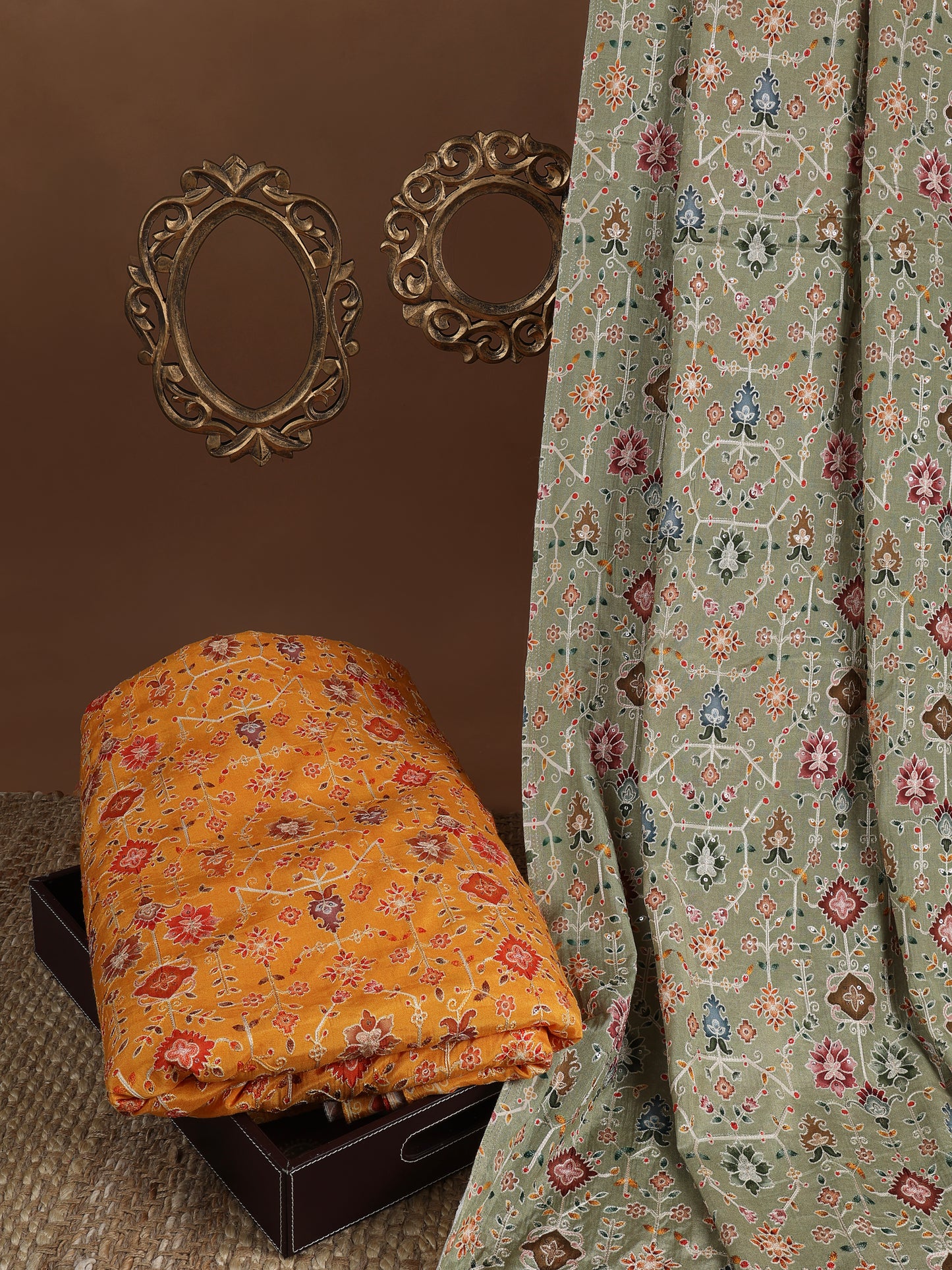 Dupion Floral Printed with Aari & Sequins Embroidery Fabric