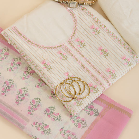 Off White Pink Chanderi Resham Embroidered Suit Set
