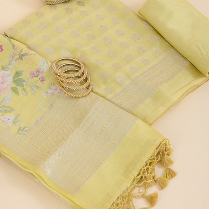 Lime Green Chanderi Woven Kurta with Printed Border Dupatta