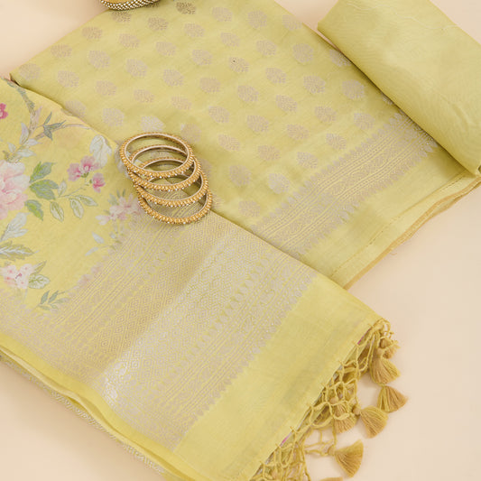 Lime Green Chanderi Woven Kurta with Printed Border Dupatta