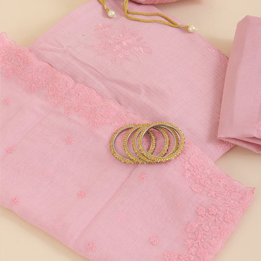 Pastel Pink Chanderi Self-Striped Embroidered Suit Set