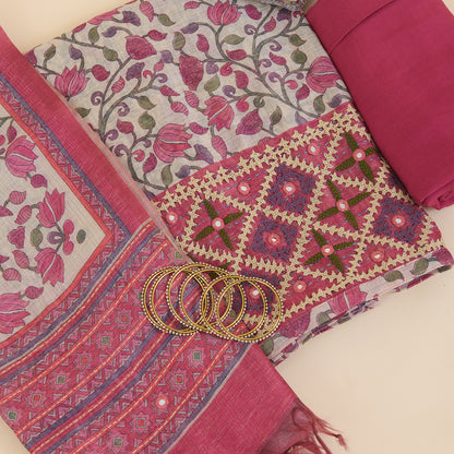 Beige & Pink Chanderi Printed Embroidered Kurta Set