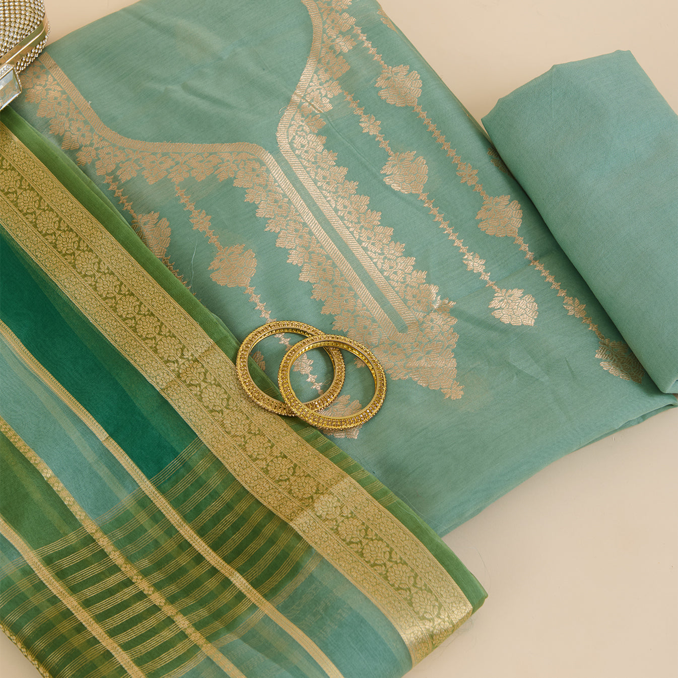 Dusty Green Chanderi Zari Neck Woven Suit with Organza Dupatta