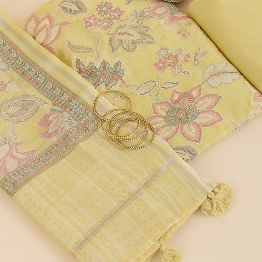 Beige Gold Chanderi Applique Embroidered Kurta Set