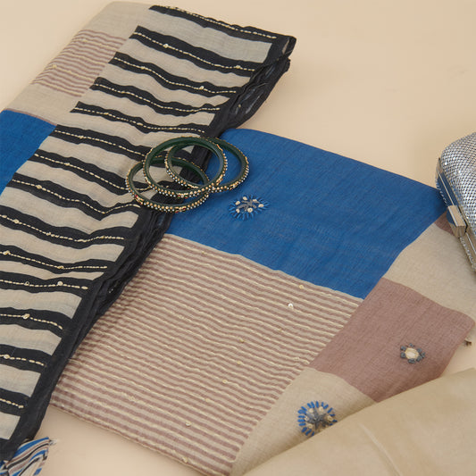 Blue Cotton Linen Printed Kurta with Mirror Embroidery