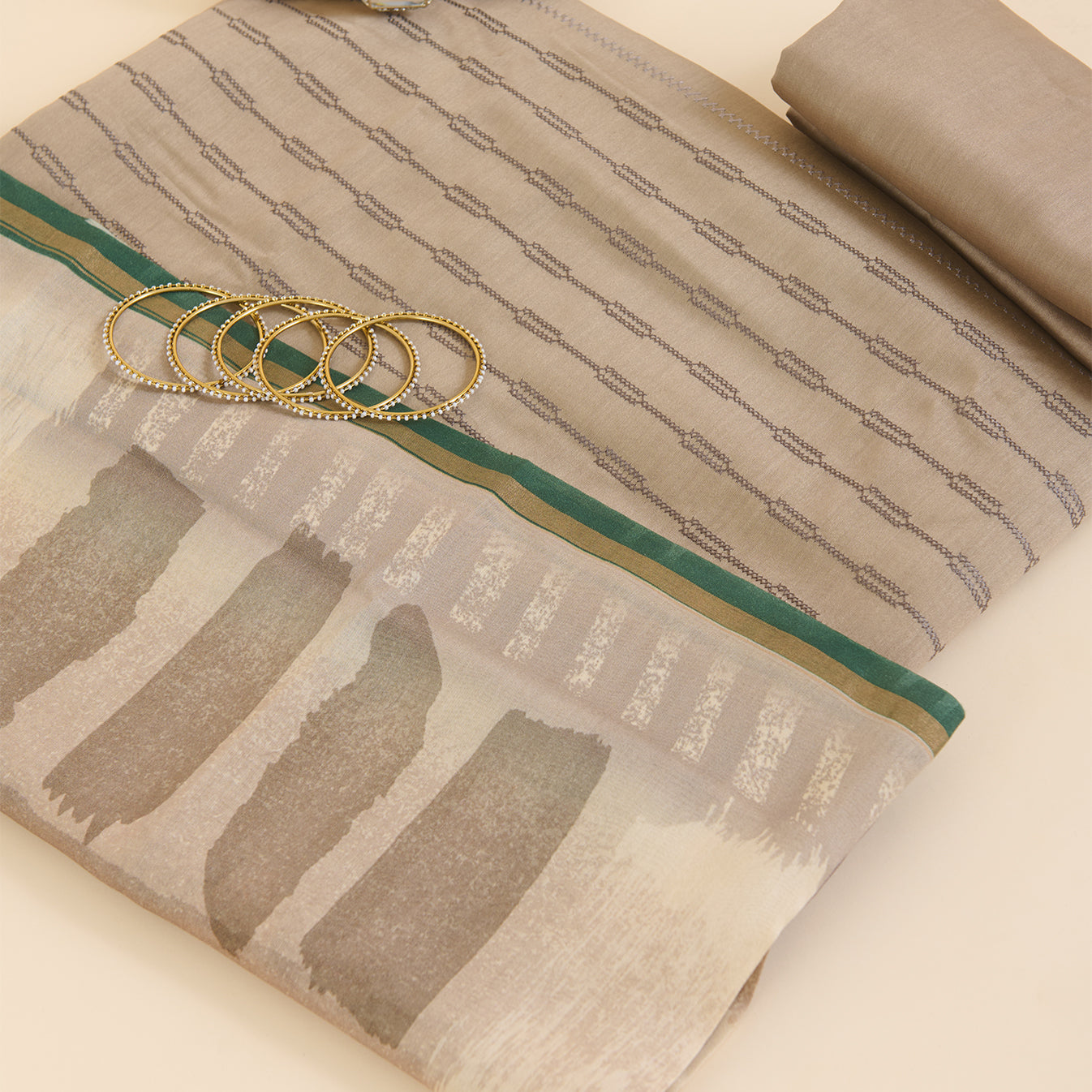Grey Chanderi Thread Embroidered Striped Suit with Printed Dupatta