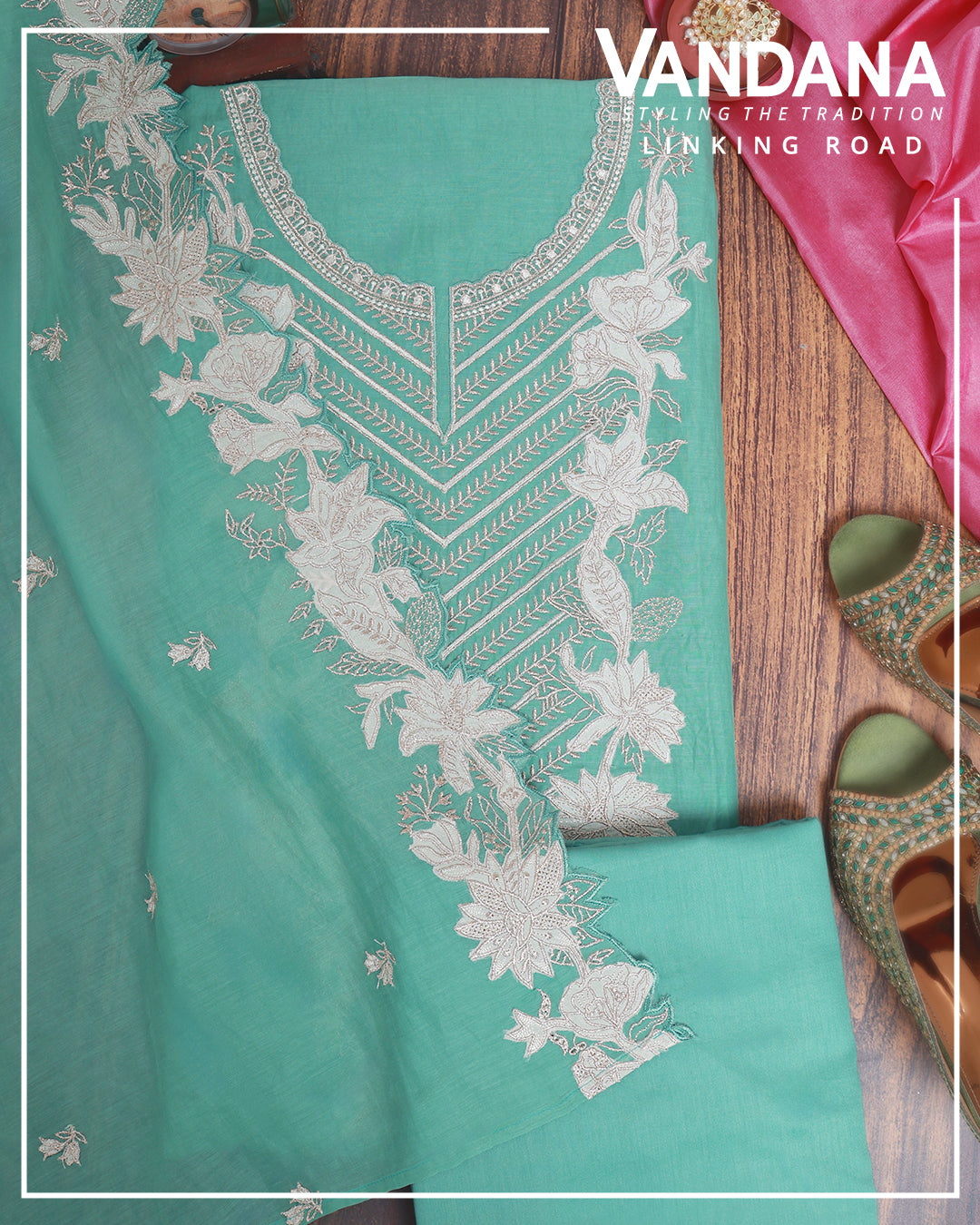 Green Fine Chanderi Suit with Zari Appliqué Embroidery & Dupatta