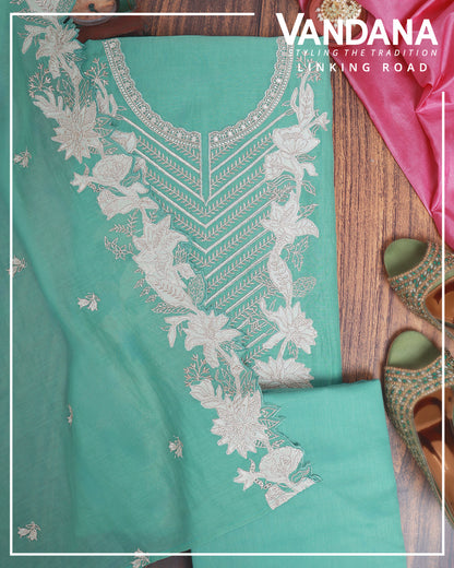 Green Fine Chanderi Suit with Zari Appliqué Embroidery & Dupatta