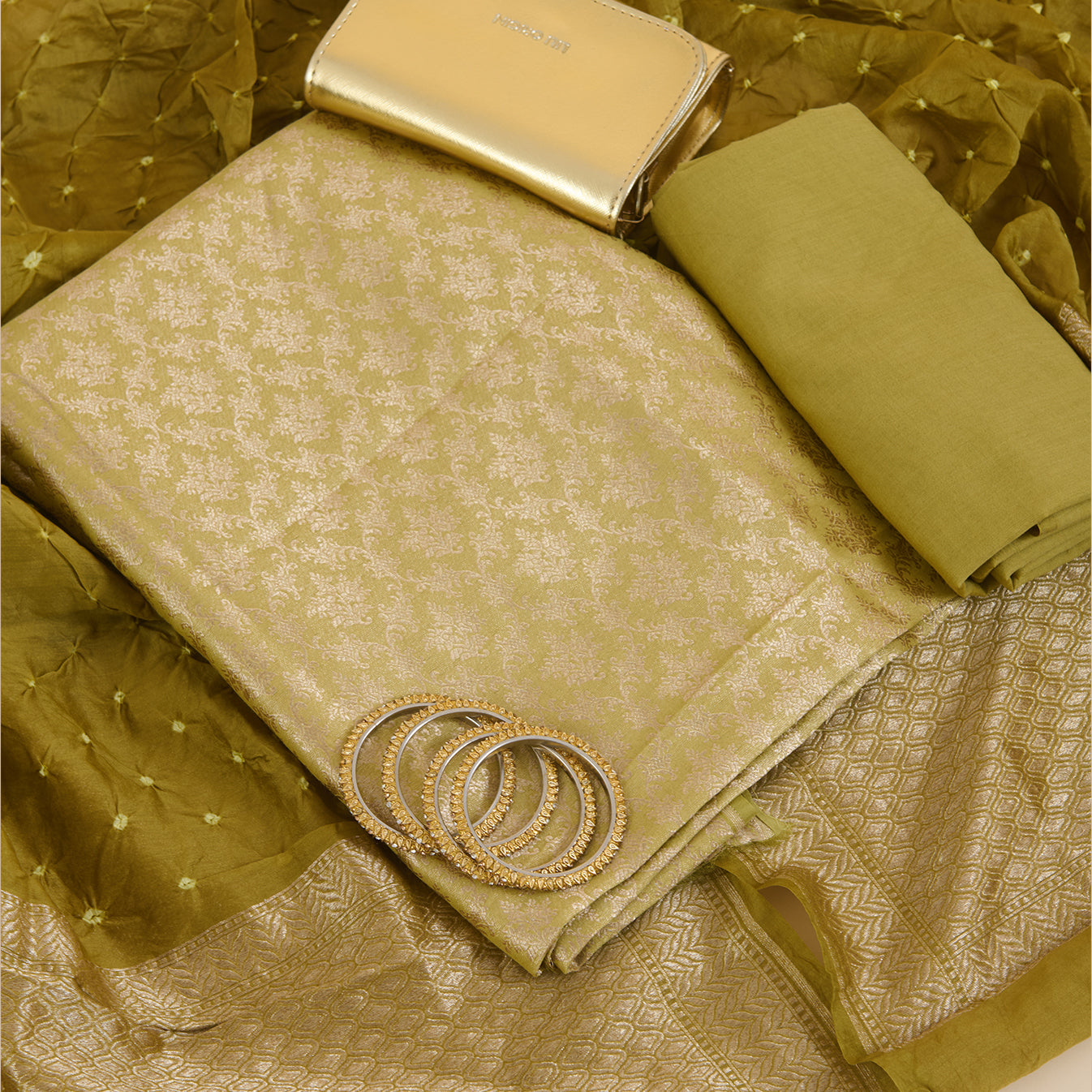 Dusty Green Chanderi Woven Kurta Set with Bandhej Dupatta