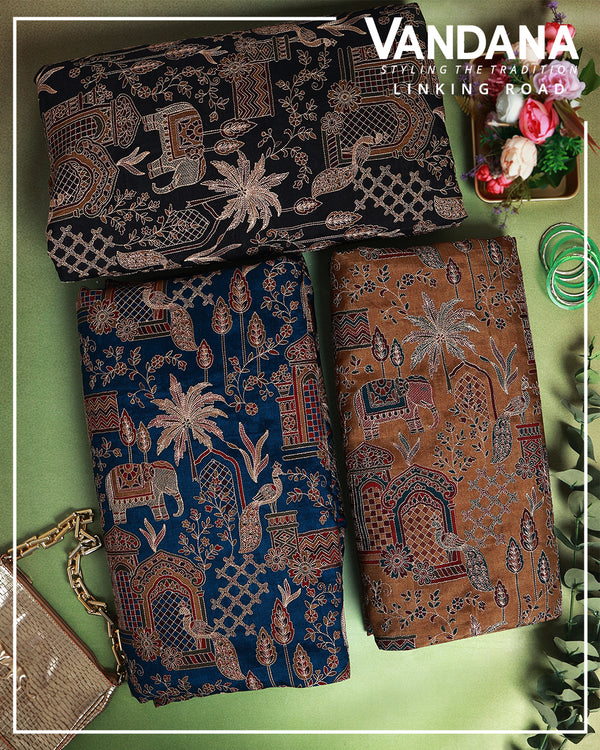 Slub Silk Figure Printed Fabric with Kasab Zari Embroidery