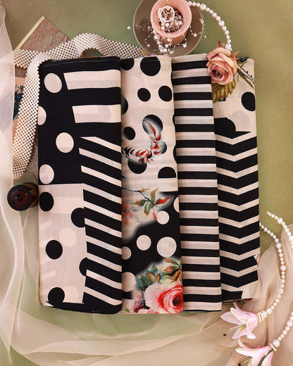 Beige Black Malai Cotton Printed Fabric with Floral, Stripes & Polka