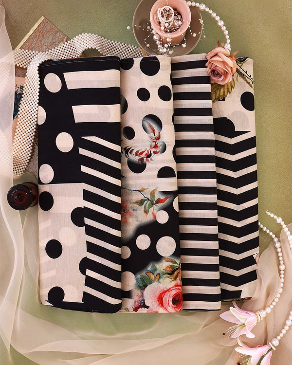 Beige Black Malai Cotton Printed Fabric with Floral, Stripes & Polka