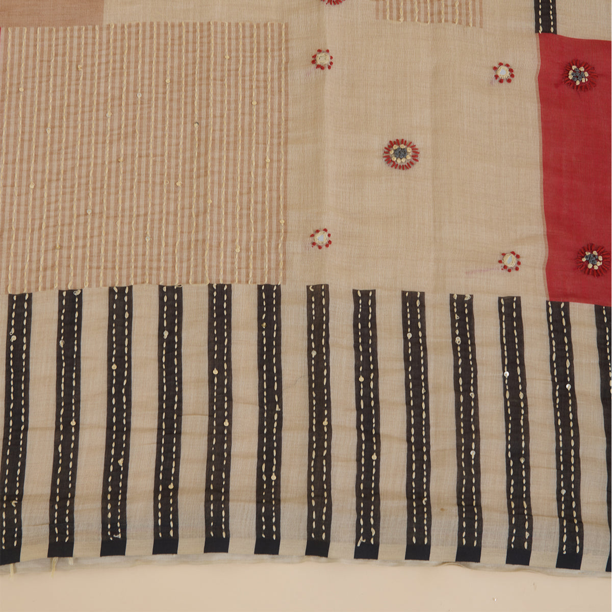 Red Cotton Linen Printed Embroidered Kurta Set with Dupatta