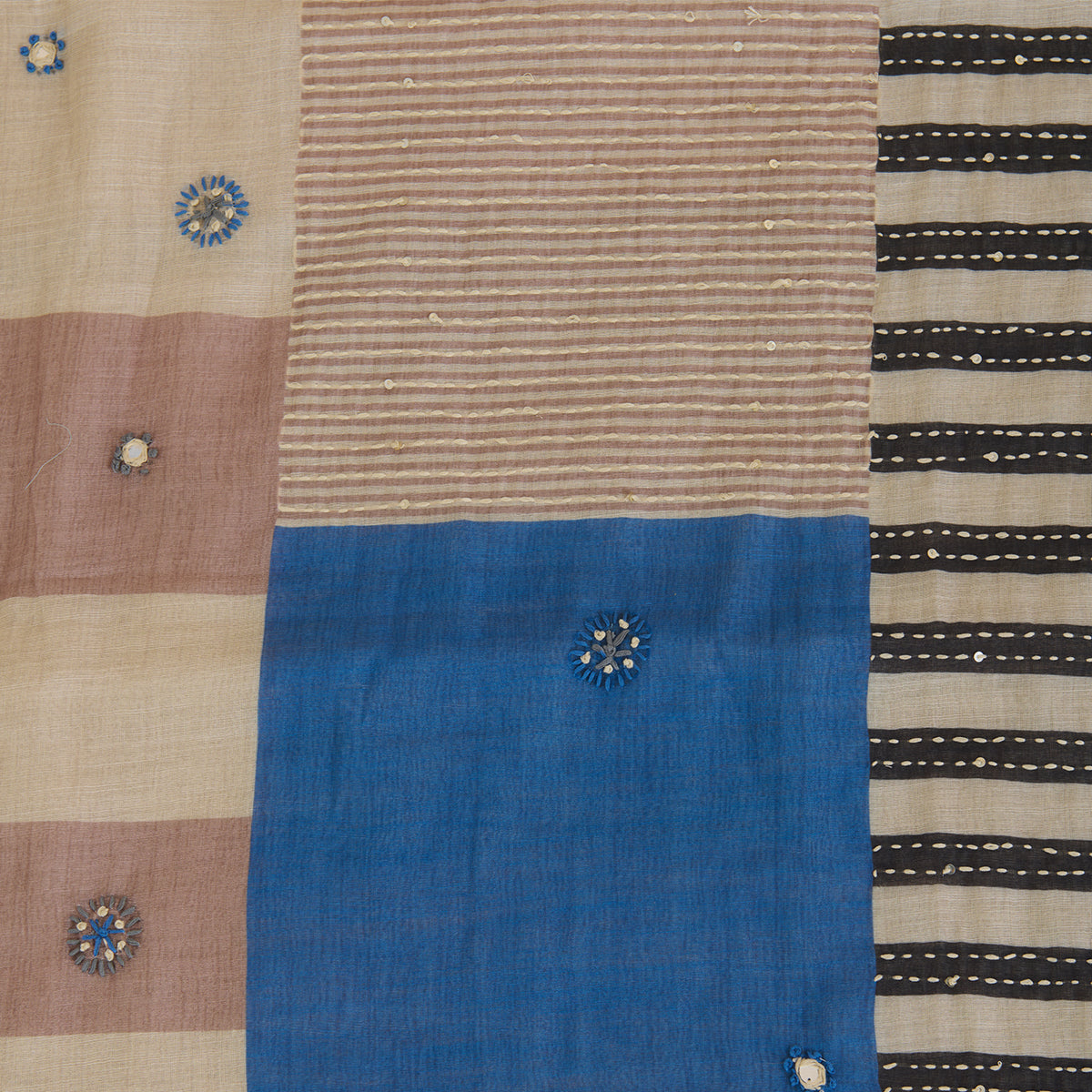 Blue Cotton Linen Printed Kurta with Mirror Embroidery