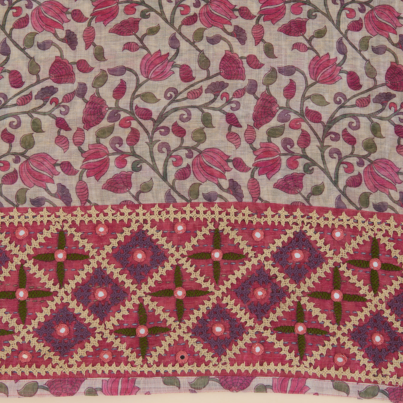 Beige & Pink Chanderi Printed Embroidered Kurta Set