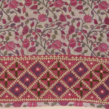 Beige & Pink Chanderi Printed Embroidered Kurta Set