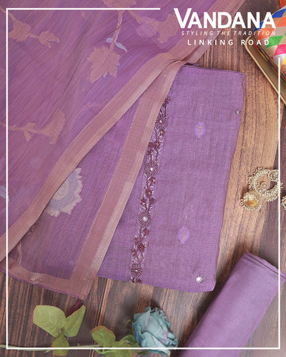Purple Kora Chanderi Woven Suit with Thread, Sequence & Mirror Embroidery