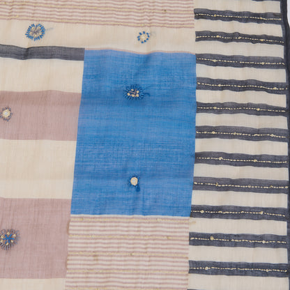 Blue Cotton Linen Printed Kurta with Mirror Embroidery