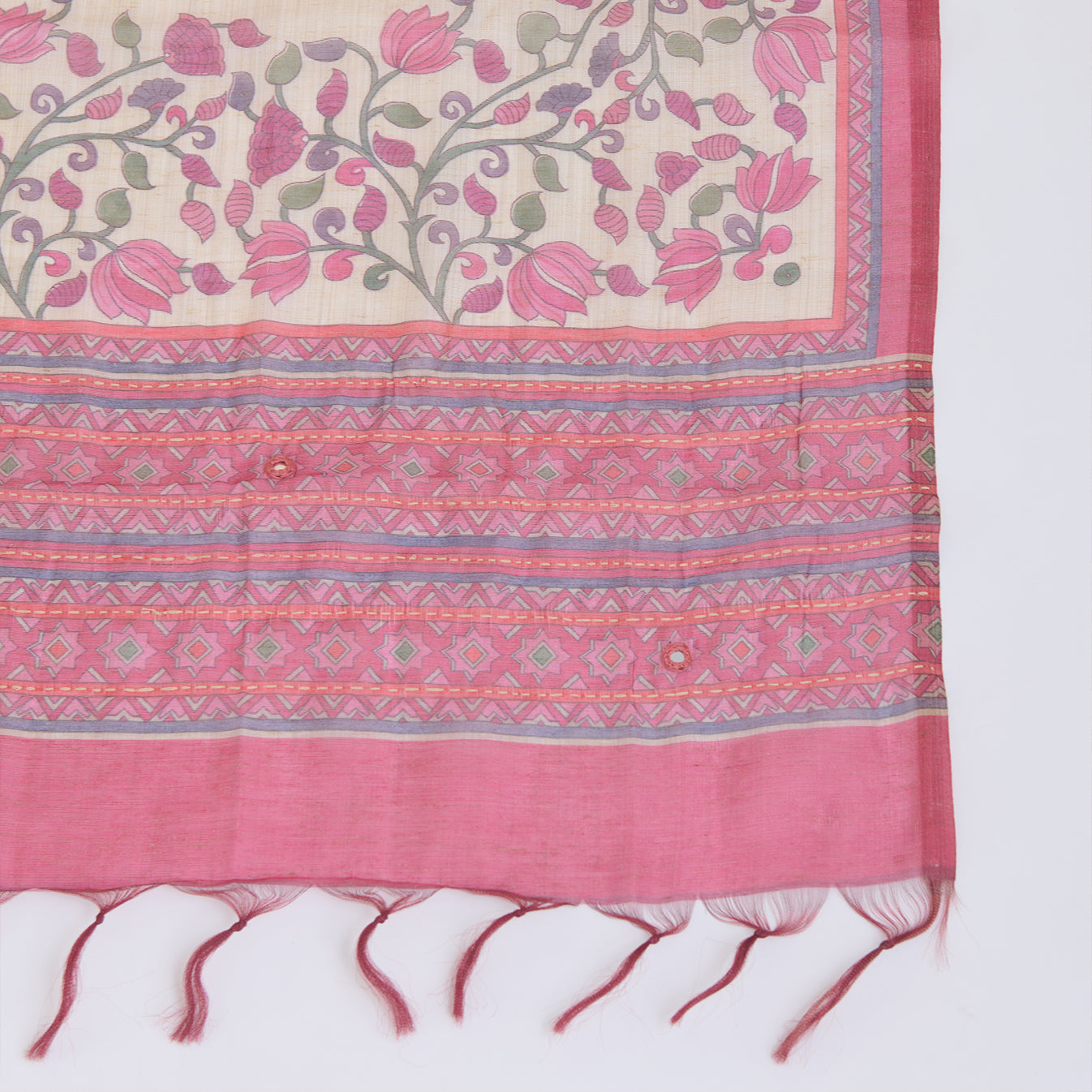 Beige & Pink Chanderi Printed Embroidered Kurta Set