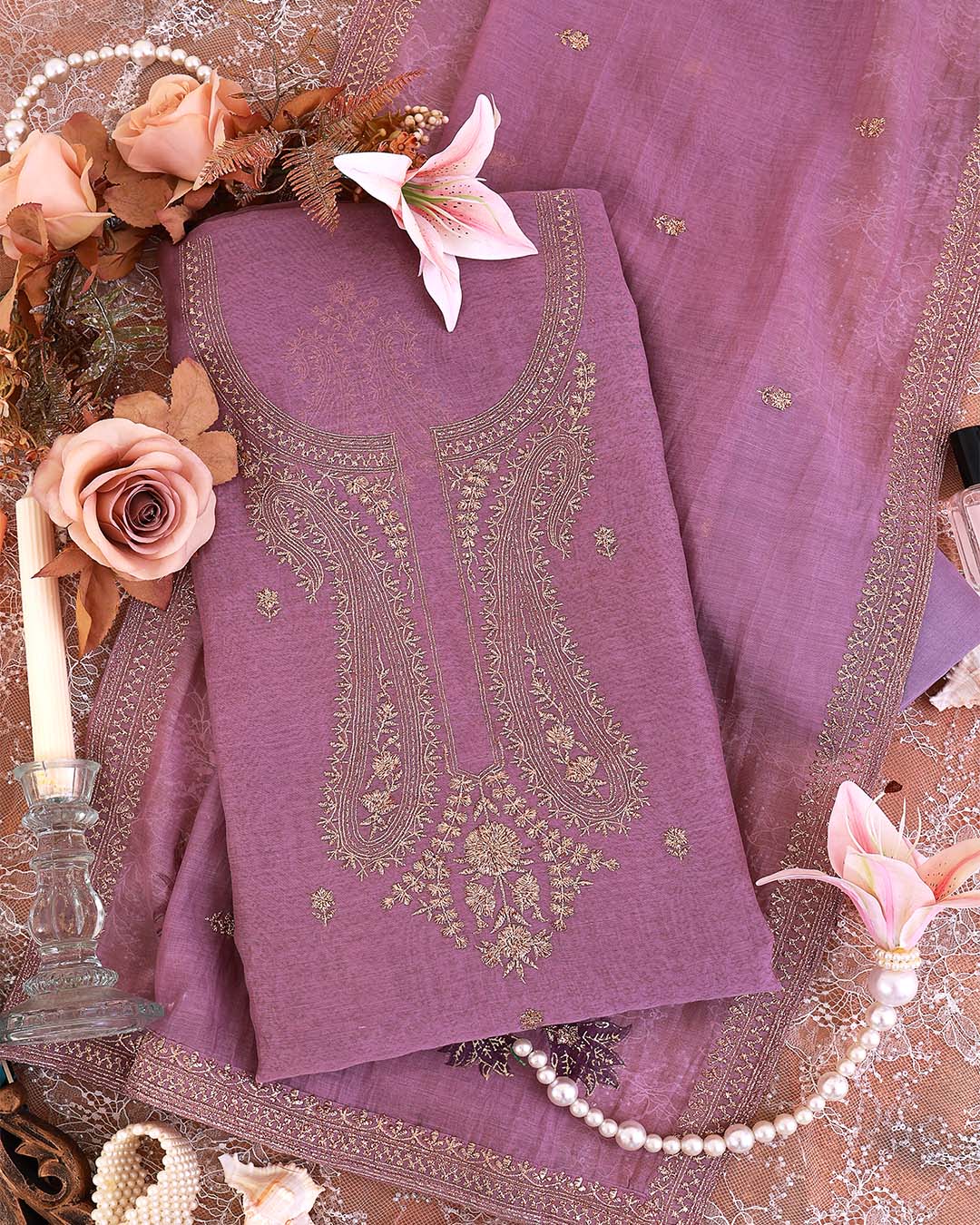 Lilac Fine Chanderi Gold Printed Suit with Zari Badla Work Dupatta