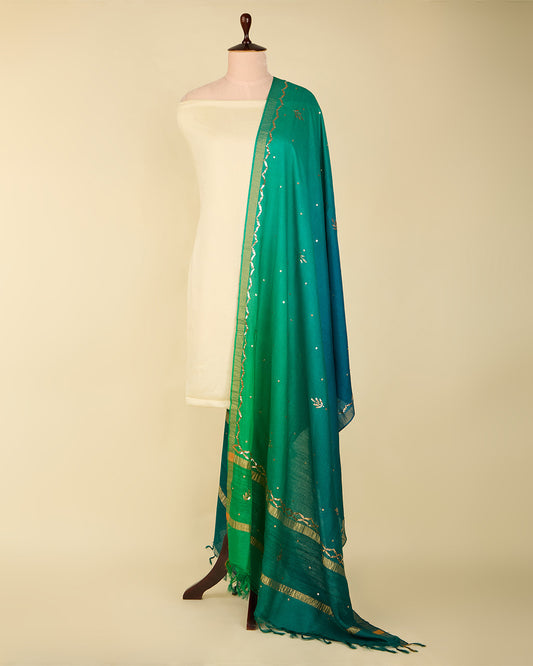 Parrot Green/Rama Raw Silk Ikat Handloom Woven Dupatta