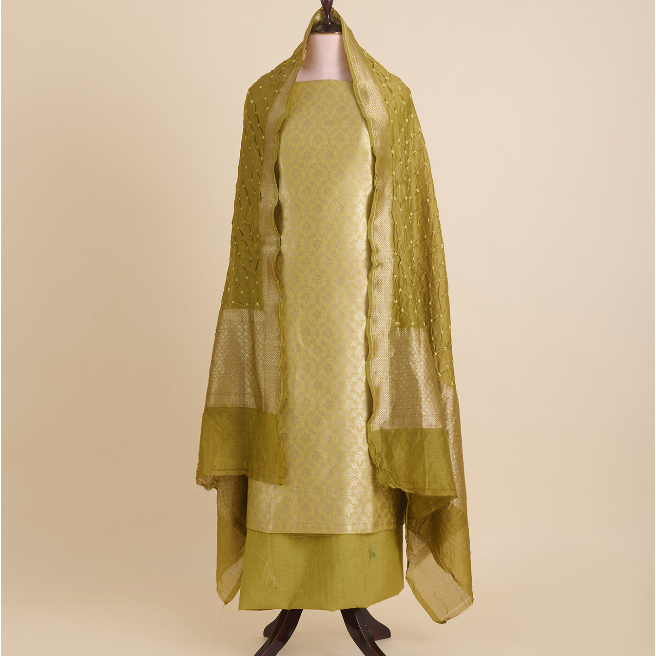 Dusty Green Chanderi Woven Kurta Set with Bandhej Dupatta