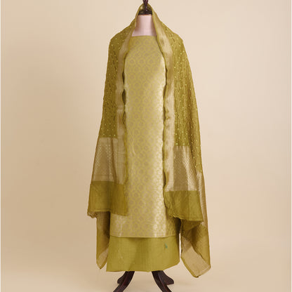Dusty Green Chanderi Woven Kurta Set with Bandhej Dupatta