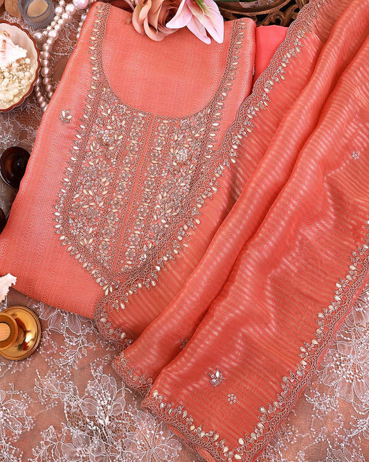 Peach Tissue Woven Suit with Embroidered Dupatta & Crepe Bottom