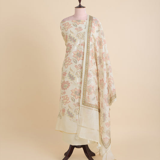 Ivory Chanderi Printed Applique Embroidered Kurta Set