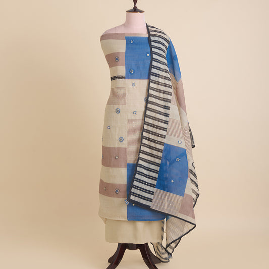 Blue Cotton Linen Printed Kurta with Mirror Embroidery