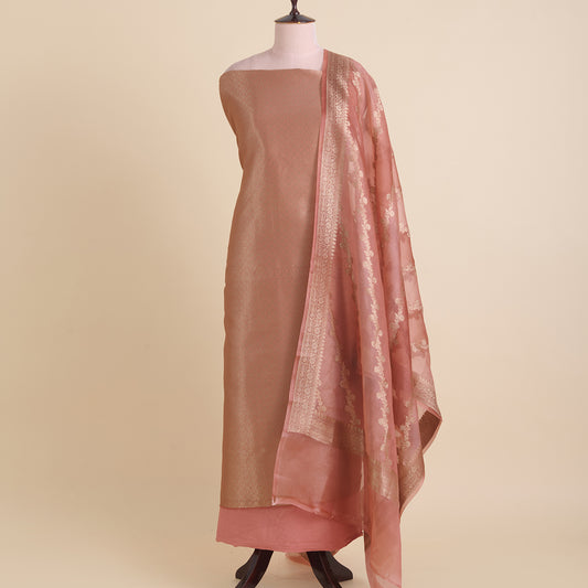 Dusty Peach Chanderi Woven Kurta Set with Organza Dupatta