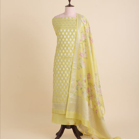 Lime Green Chanderi Woven Kurta with Printed Border Dupatta