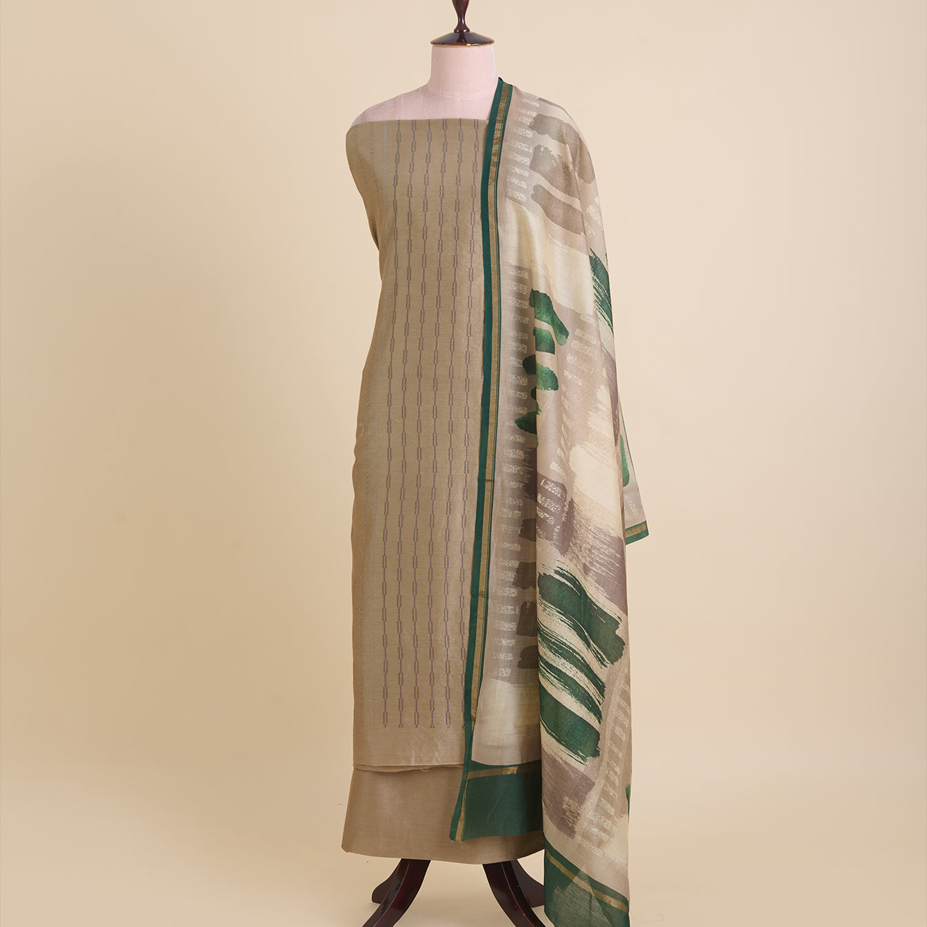 Grey Chanderi Thread Embroidered Striped Suit with Printed Dupatta