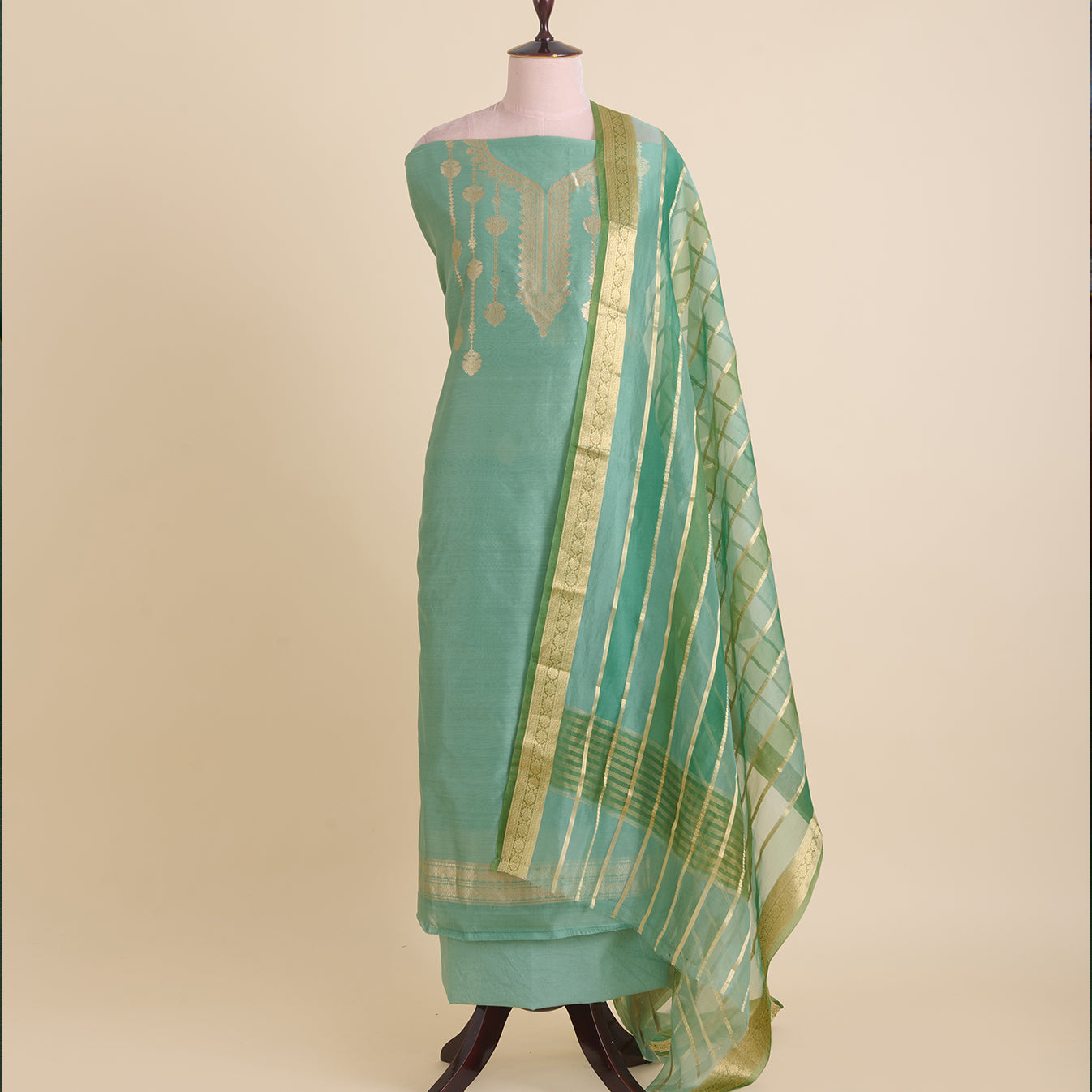 Dusty Green Chanderi Zari Neck Woven Suit with Organza Dupatta