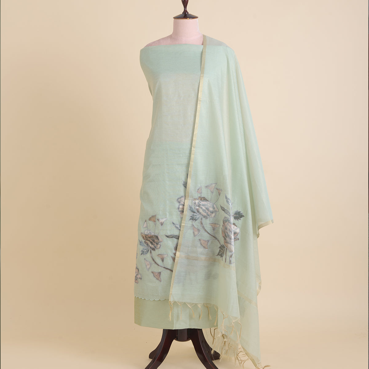 Pista Green Tissue Chanderi Applique Embroidered Suit