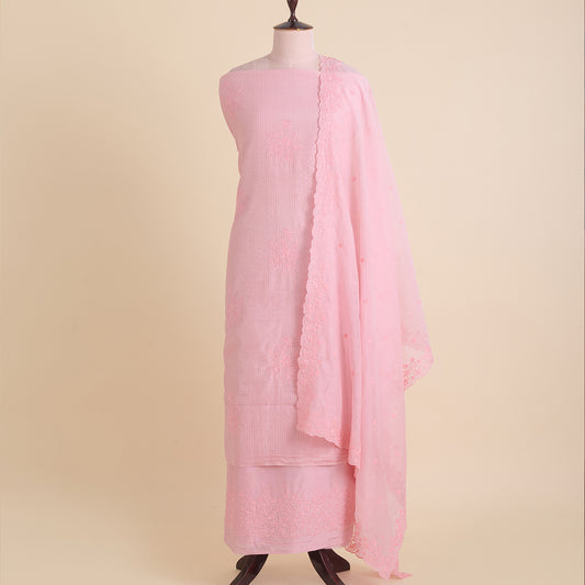 Pastel Pink Chanderi Self-Striped Embroidered Suit Set
