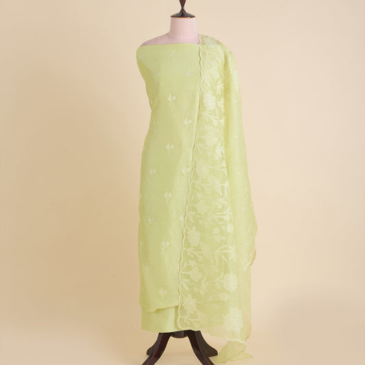 Pista Green Chanderi Silk Resham Embroidered Kurta Set