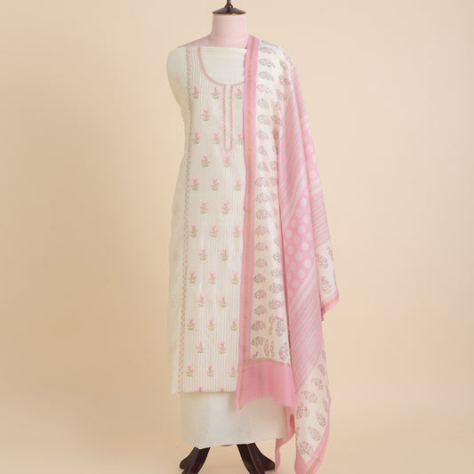 Off White Pink Chanderi Resham Embroidered Suit Set