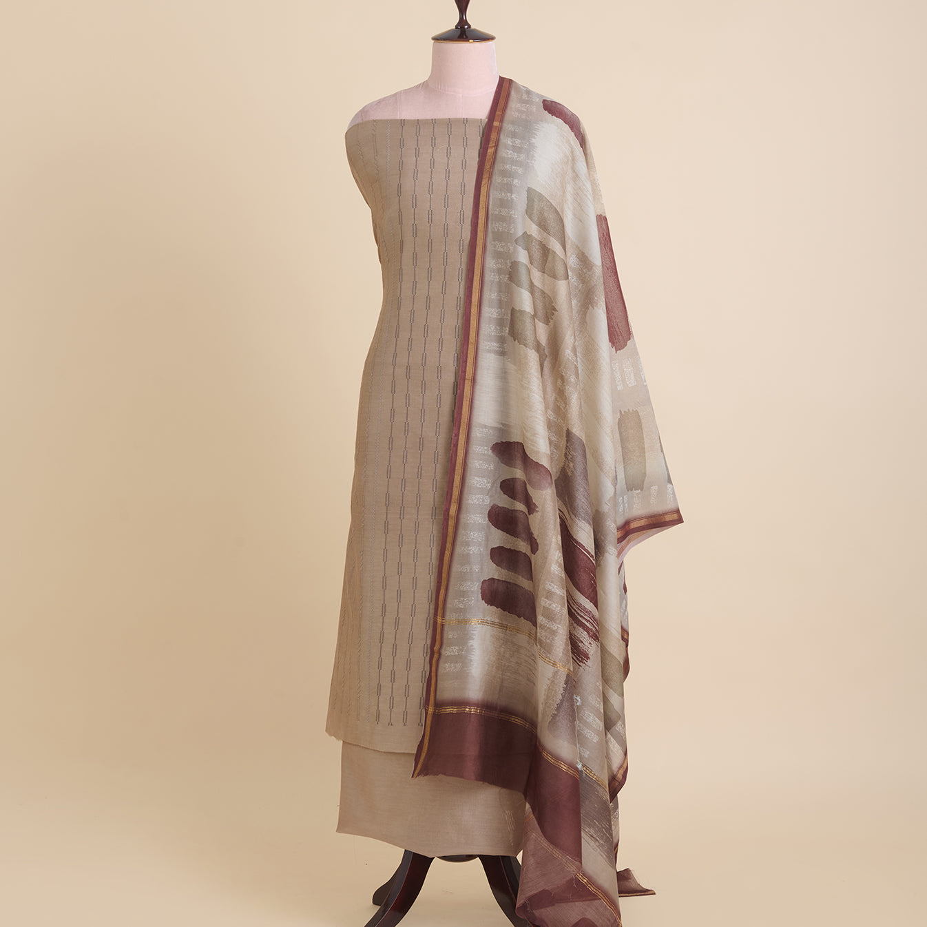Cement Grey Chanderi Thread Embroidered Stripe Suit