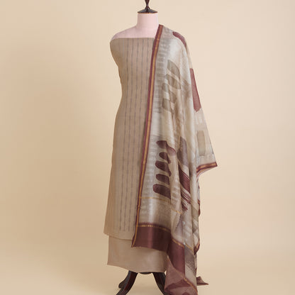 Cement Grey Chanderi Thread Embroidered Stripe Suit