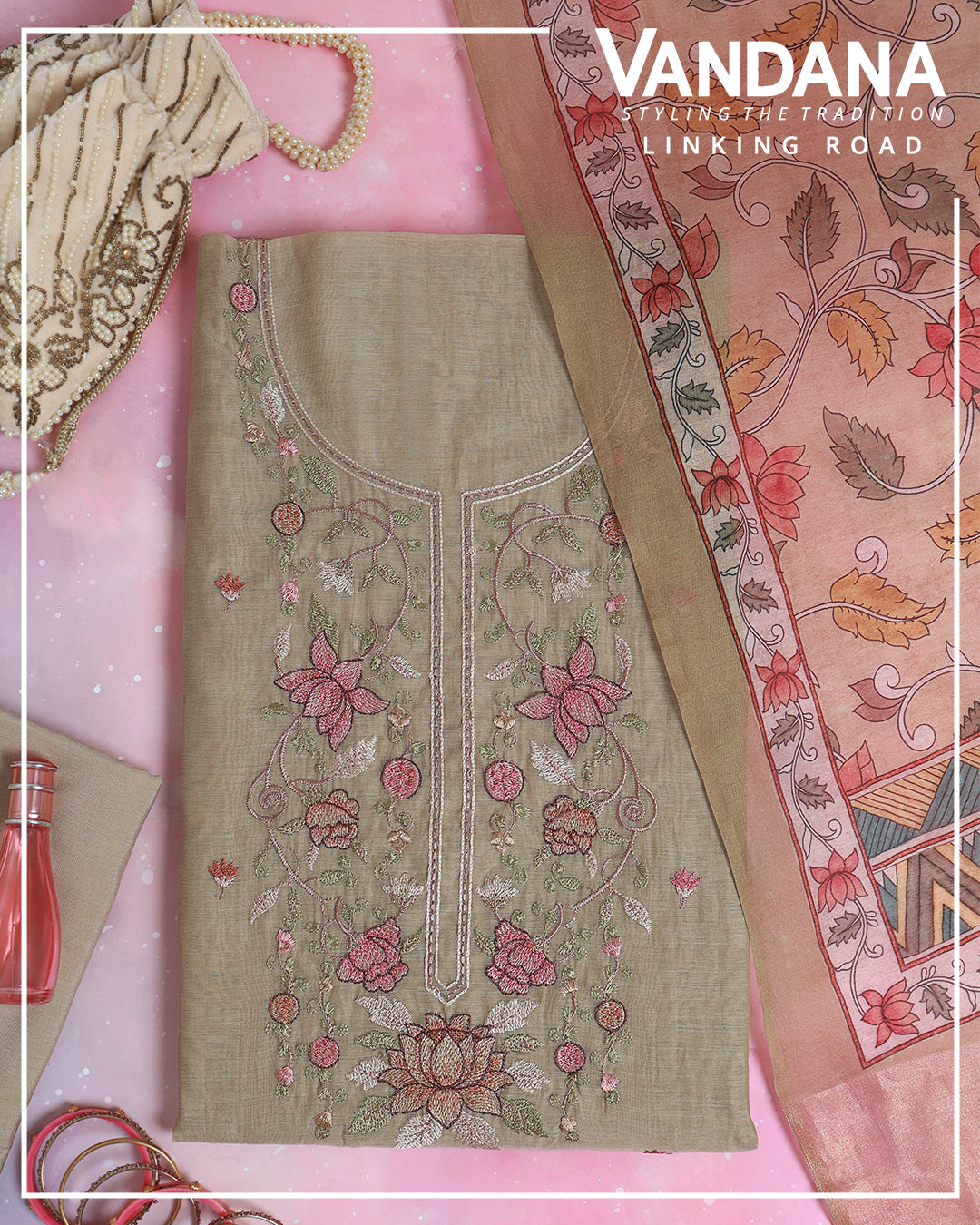 Dusty Green Fine Chanderi Suit with Resham Embroidered Neck