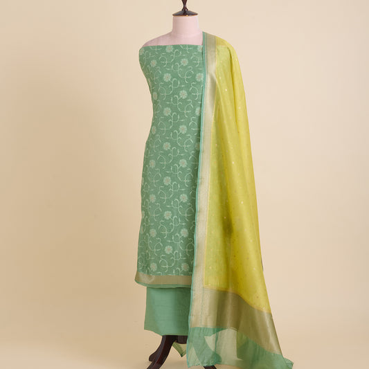 Dusty Green Chanderi Woven Suit with Yellow Dupatta