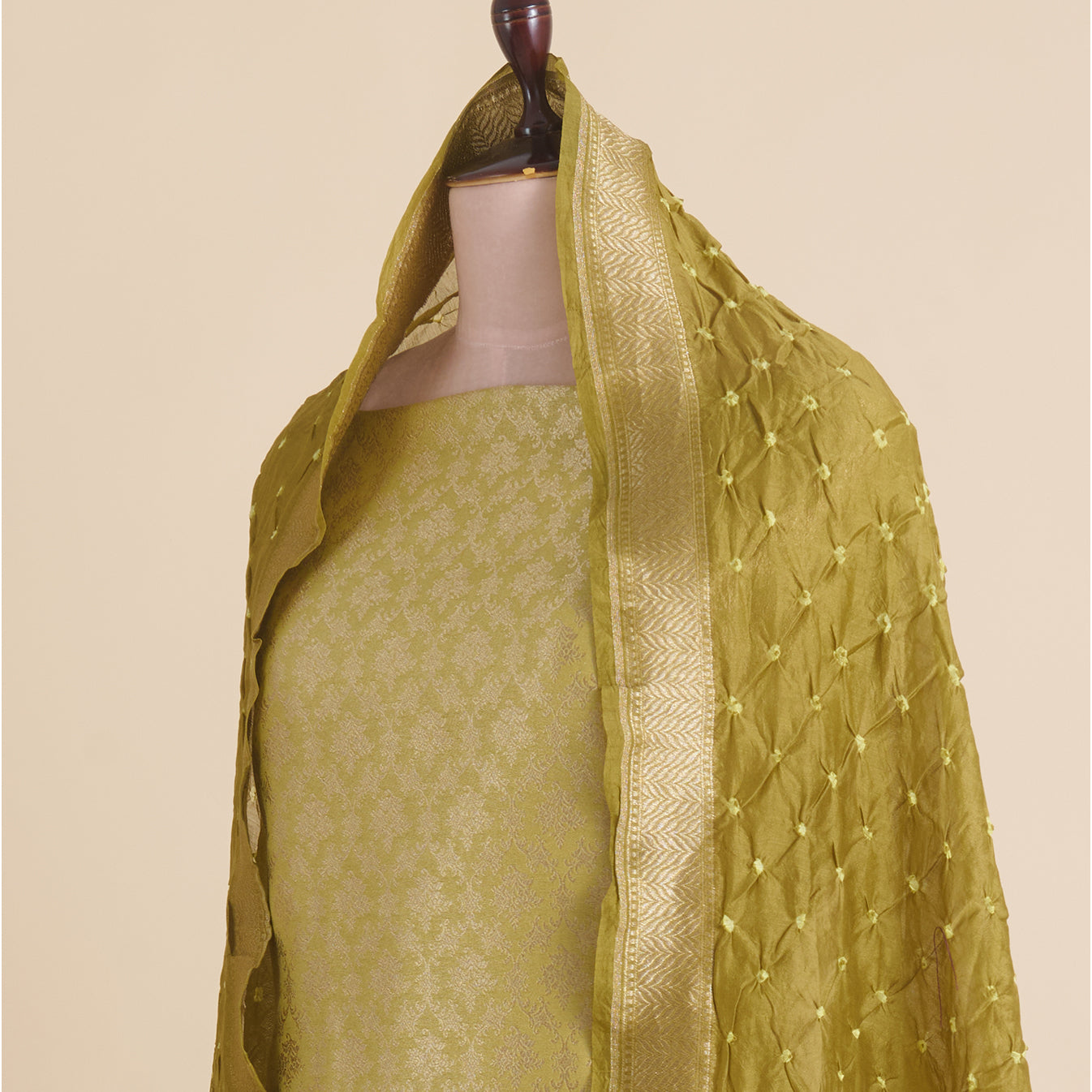 Dusty Green Chanderi Woven Kurta Set with Bandhej Dupatta
