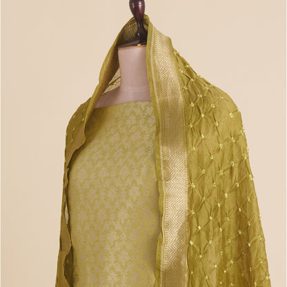 Dusty Green Chanderi Woven Kurta Set with Bandhej Dupatta