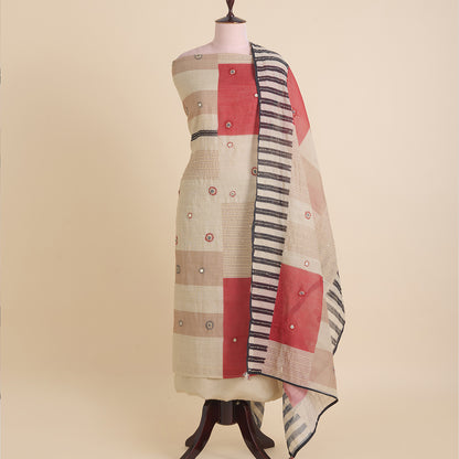 Red Cotton Linen Printed Embroidered Kurta Set with Dupatta