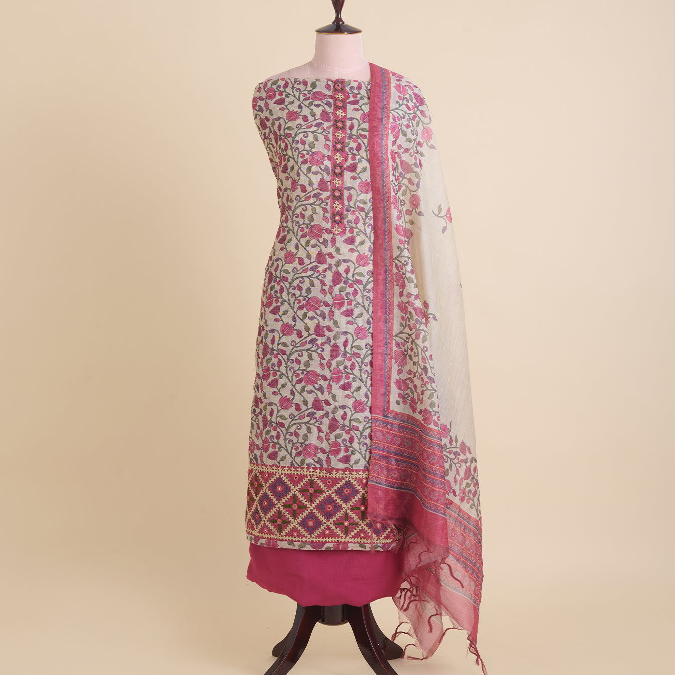 Beige & Pink Chanderi Printed Embroidered Kurta Set
