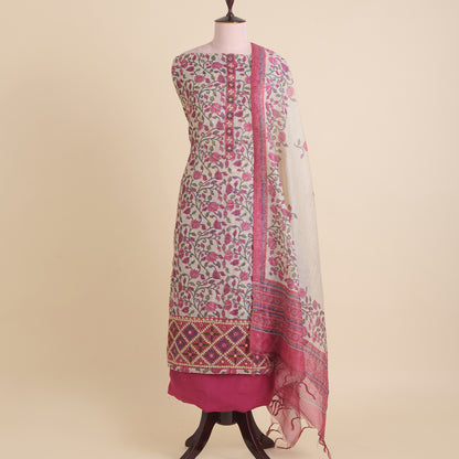 Beige & Pink Chanderi Printed Embroidered Kurta Set